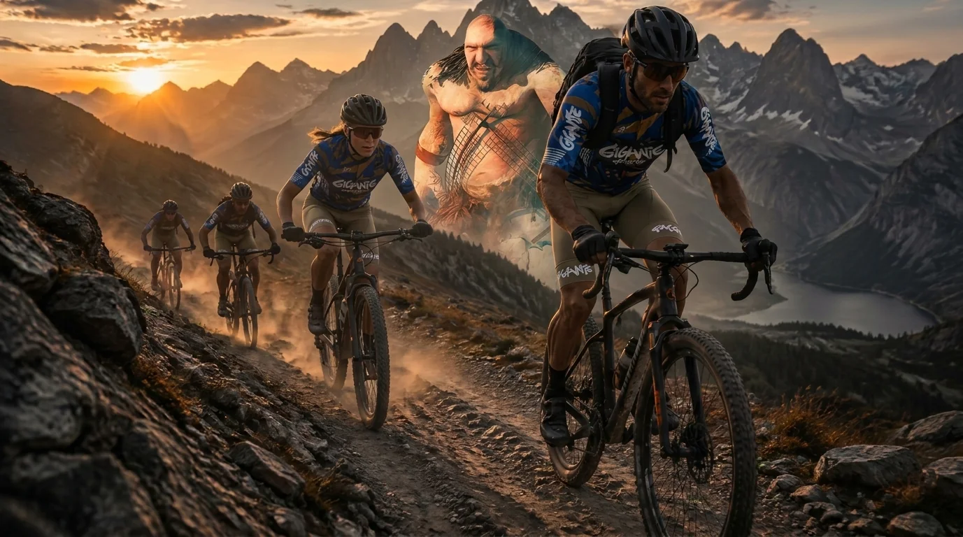 Ciclistas de Team Gigante by Pafgio recorriendo un sendero de montaña al atardecer